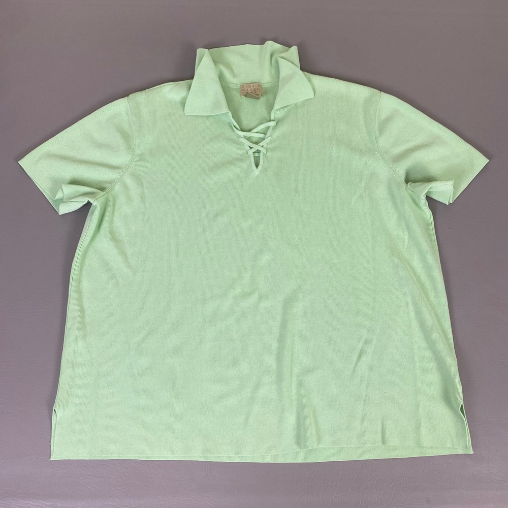 Sigrid Olsen Sport Polo Shirt Top Womens Plus Size 2X Green Lace Up Short Sleeve